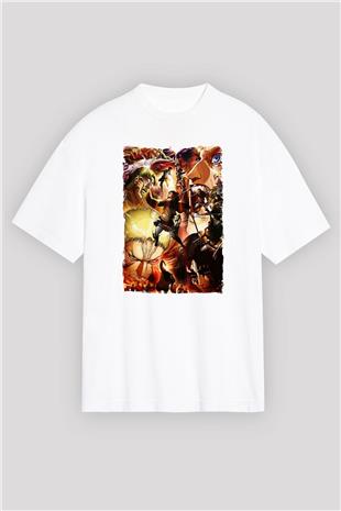 Attack On Titan Baskılı Beyaz Unisex Oversize Tişört - Tshirt