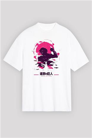 Attack On Titan Baskılı Beyaz Unisex Oversize Tişört - Tshirt
