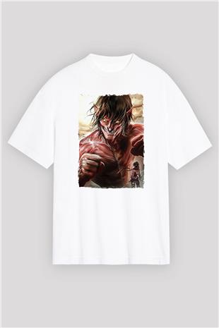 Attack On Titan Baskılı Beyaz Unisex Oversize Tişört - Tshirt
