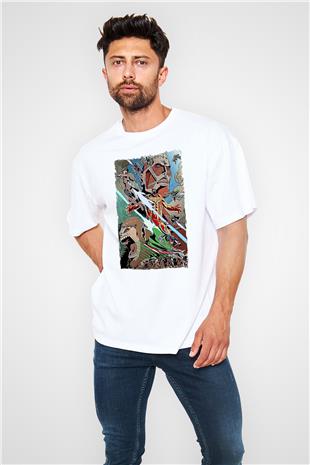 Attack On Titan Baskılı Beyaz Unisex Oversize Tişört - Tshirt