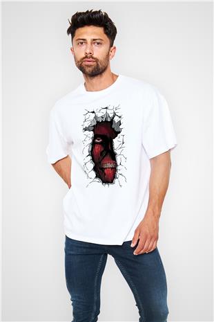 Attack On Titan Baskılı Beyaz Unisex Oversize Tişört - Tshirt