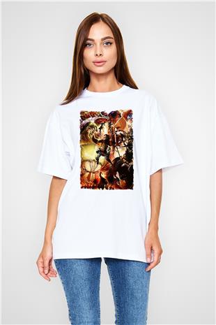 Attack On Titan Baskılı Beyaz Unisex Oversize Tişört - Tshirt