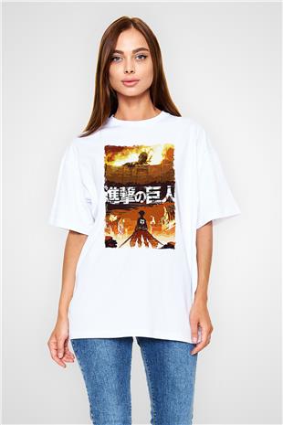Attack On Titan Baskılı Beyaz Unisex Oversize Tişört - Tshirt