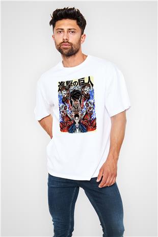 Attack On Titan Baskılı Beyaz Unisex Oversize Tişört - Tshirt