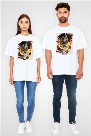 Attack On Titan Baskılı Beyaz Unisex Oversize Tişört - Tshirt