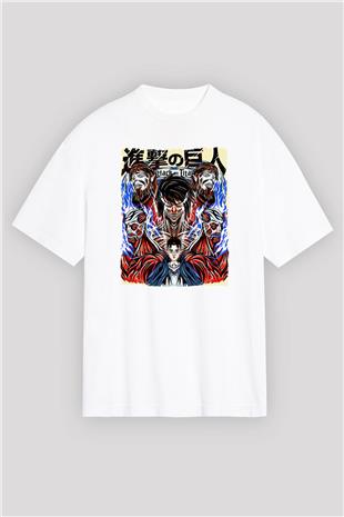 Attack On Titan Baskılı Beyaz Unisex Oversize Tişört - Tshirt