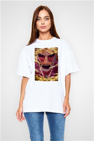 Attack On Titan Baskılı Beyaz Unisex Oversize Tişört - Tshirt