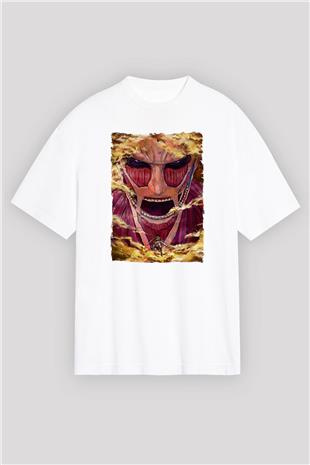 Attack On Titan Baskılı Beyaz Unisex Oversize Tişört - Tshirt