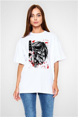 Attack On Titan Baskılı Beyaz Unisex Oversize Tişört - Tshirt
