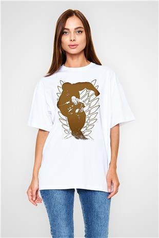 Attack On Titan Baskılı Beyaz Unisex Oversize Tişört - Tshirt