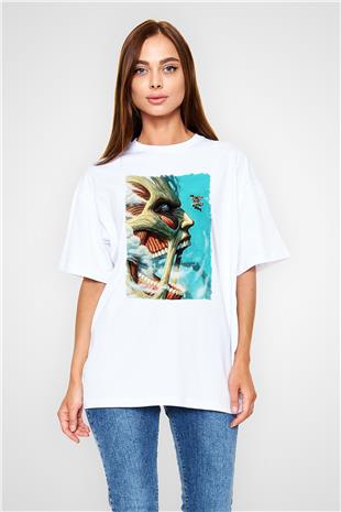 Attack On Titan Baskılı Beyaz Unisex Oversize Tişört - Tshirt