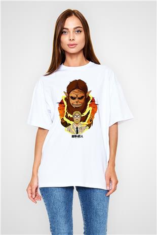 Attack On Titan Baskılı Beyaz Unisex Oversize Tişört - Tshirt