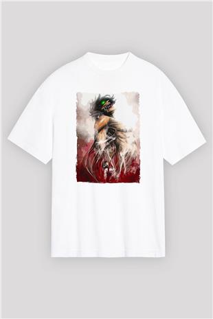 Attack On Titan Baskılı Beyaz Unisex Oversize Tişört - Tshirt