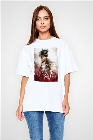 Attack On Titan Baskılı Beyaz Unisex Oversize Tişört - Tshirt