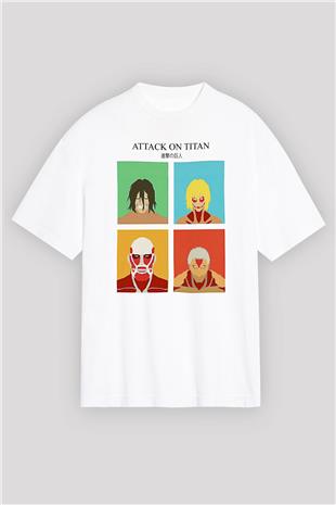 Attack On Titan Baskılı Beyaz Unisex Oversize Tişört - Tshirt