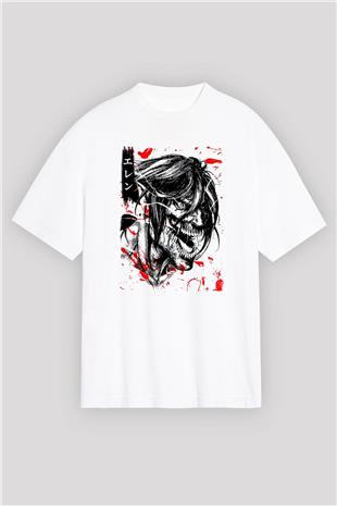 Attack On Titan Baskılı Beyaz Unisex Oversize Tişört - Tshirt