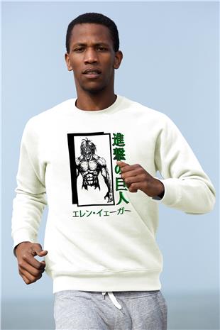 Attack On Titan Baskılı Beyaz Unisex Sweatshirt