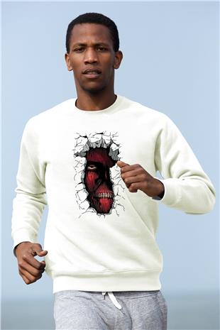 Attack On Titan Baskılı Beyaz Unisex Sweatshirt