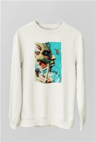 Attack On Titan Baskılı Beyaz Unisex Sweatshirt