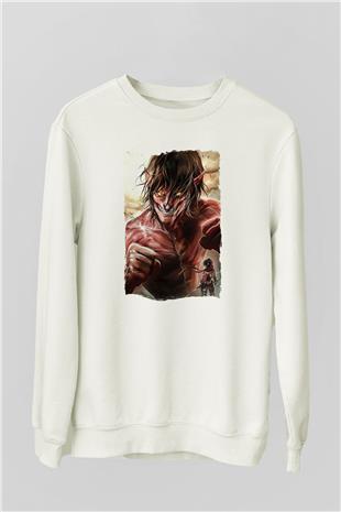 Attack On Titan Baskılı Beyaz Unisex Sweatshirt