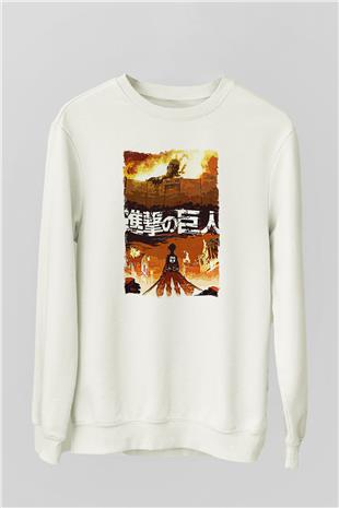 Attack On Titan Baskılı Beyaz Unisex Sweatshirt