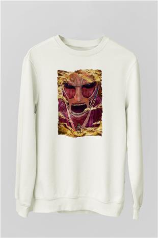 Attack On Titan Baskılı Beyaz Unisex Sweatshirt