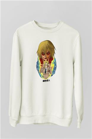 Attack On Titan Baskılı Beyaz Unisex Sweatshirt