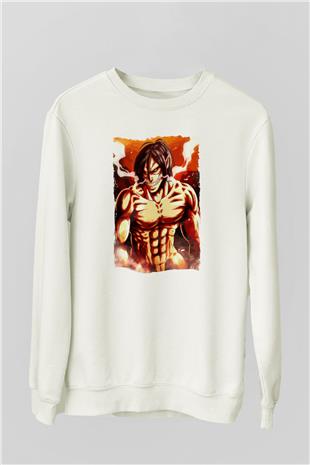 Attack On Titan Baskılı Beyaz Unisex Sweatshirt