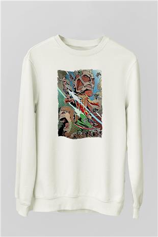 Attack On Titan Baskılı Beyaz Unisex Sweatshirt