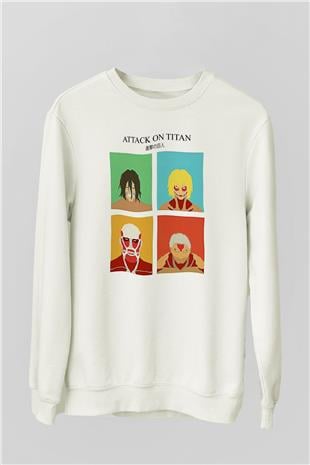 Attack On Titan Baskılı Beyaz Unisex Sweatshirt
