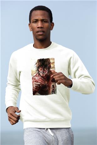 Attack On Titan Baskılı Beyaz Unisex Sweatshirt