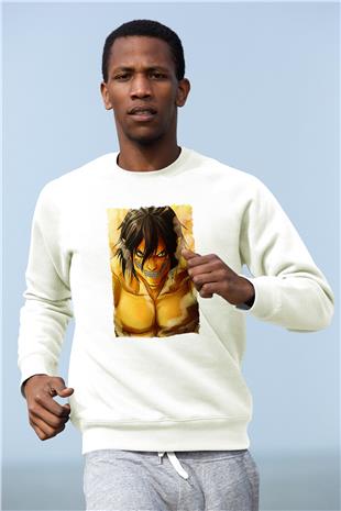 Attack On Titan Baskılı Beyaz Unisex Sweatshirt