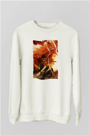 Attack On Titan Baskılı Beyaz Unisex Sweatshirt
