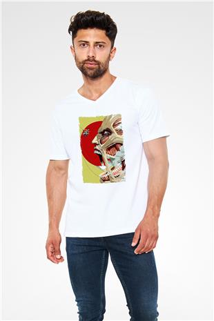 Attack On Titan Baskılı Beyaz Unisex V Yaka Tişört - Tshirt