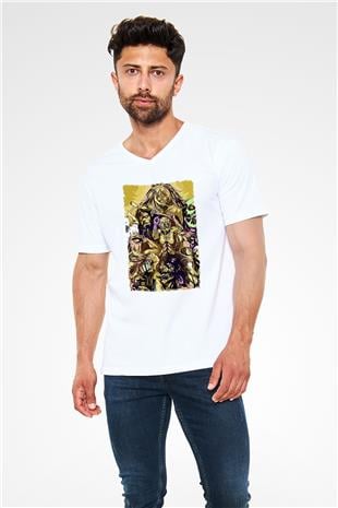 Attack On Titan Baskılı Beyaz Unisex V Yaka Tişört - Tshirt