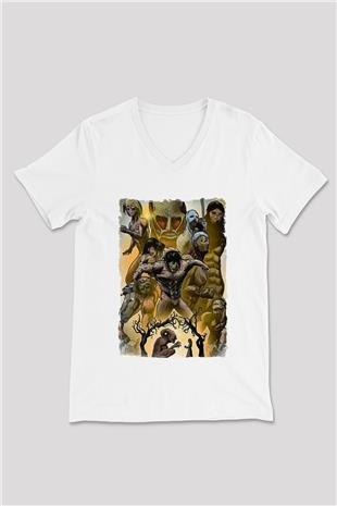 Attack On Titan Baskılı Beyaz Unisex V Yaka Tişört - Tshirt