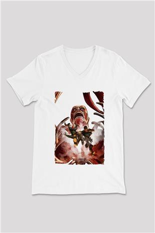 Attack On Titan Baskılı Beyaz Unisex V Yaka Tişört - Tshirt