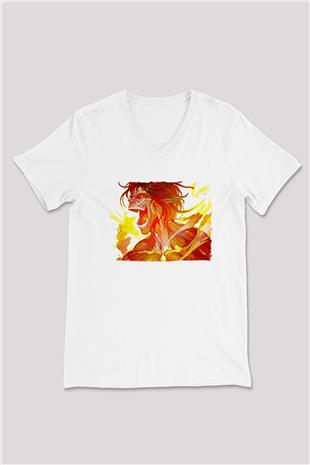 Attack On Titan Baskılı Beyaz Unisex V Yaka Tişört - Tshirt
