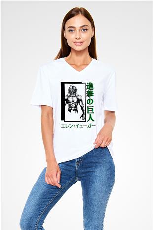 Attack On Titan Baskılı Beyaz Unisex V Yaka Tişört - Tshirt