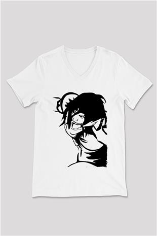 Attack On Titan Baskılı Beyaz Unisex V Yaka Tişört - Tshirt