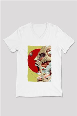 Attack On Titan Baskılı Beyaz Unisex V Yaka Tişört - Tshirt
