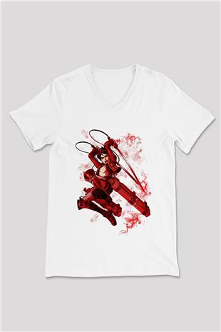 Attack On Titan Baskılı Beyaz Unisex V Yaka Tişört - Tshirt