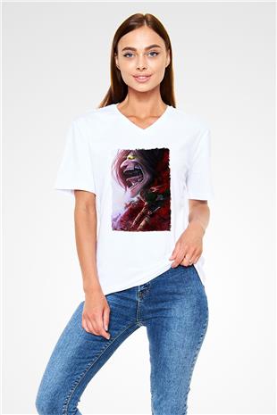 Attack On Titan Baskılı Beyaz Unisex V Yaka Tişört - Tshirt