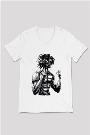 Attack On Titan Baskılı Beyaz Unisex V Yaka Tişört - Tshirt