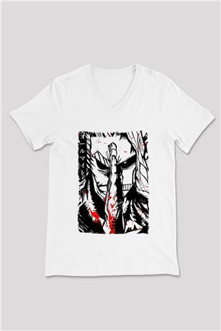 Attack On Titan Baskılı Beyaz Unisex V Yaka Tişört - Tshirt