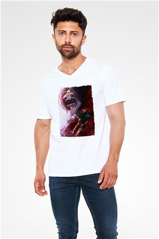 Attack On Titan Baskılı Beyaz Unisex V Yaka Tişört - Tshirt