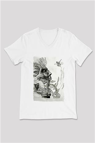Attack On Titan Baskılı Beyaz Unisex V Yaka Tişört - Tshirt