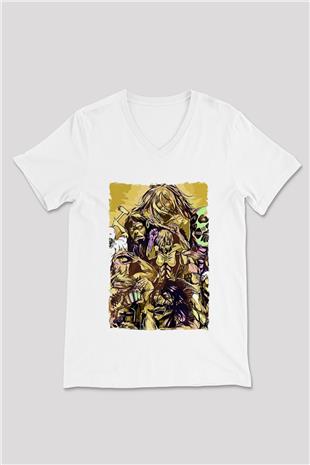 Attack On Titan Baskılı Beyaz Unisex V Yaka Tişört - Tshirt