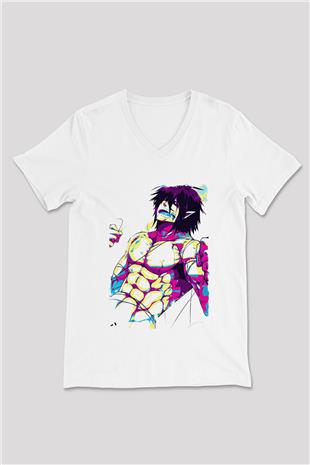 Attack On Titan Baskılı Beyaz Unisex V Yaka Tişört - Tshirt