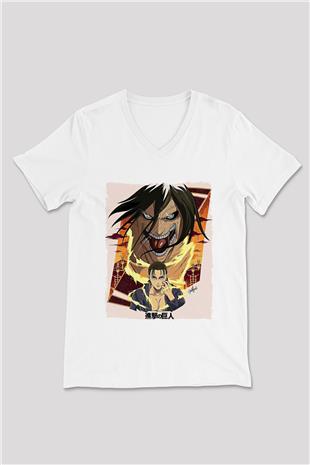 Attack On Titan Baskılı Beyaz Unisex V Yaka Tişört - Tshirt